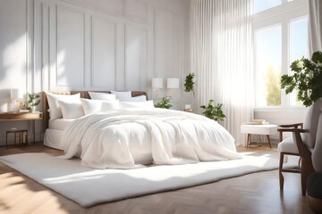 A photorealistic 3D rendering of a bedroom with a bed with a white comforter and pillows on it, a large window, and a white chair with a footstool. - obrazy, fototapety, plakaty