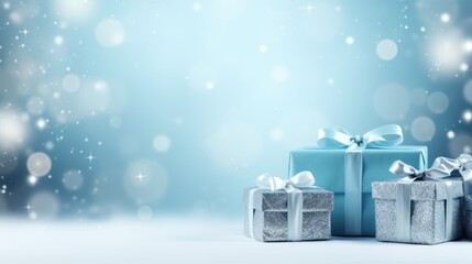 Festive Christmas New Year background with surprise box. Holiday Christmas gift box - obrazy, fototapety, plakaty