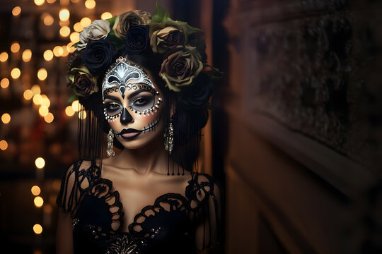 Portrait of a woman sugar skull makeup in a Gothic Halloween costume on dark background, Katrina Girl, Day of the dead, Skeleton head, Mexican festival