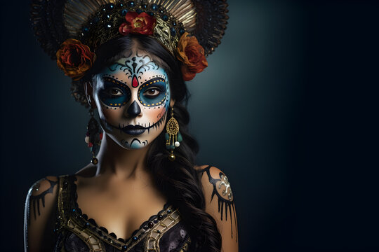 Portrait of a woman sugar skull makeup in a Gothic Halloween costume on dark background, Katrina Girl, Day of the dead, Skeleton head, Mexican festival