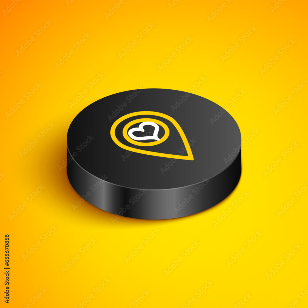 Poster isometric line map pointer with heart icon isolated on yellow background. black circle button. vecto