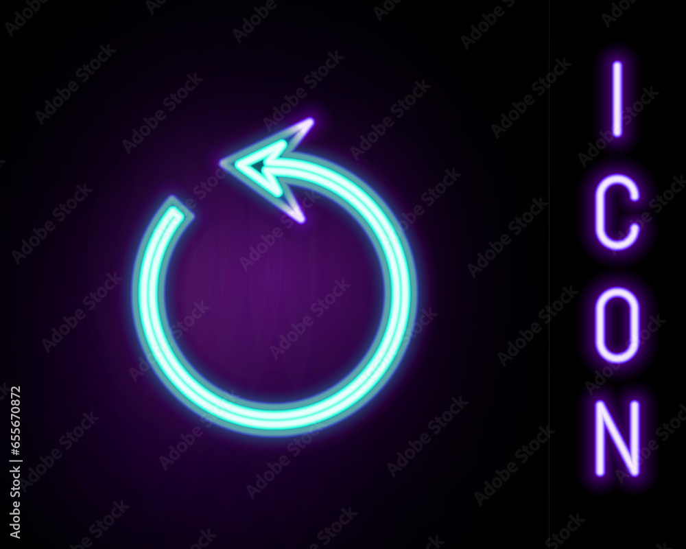 Poster glowing neon line refresh icon isolated on black background. reload symbol. rotation arrow in a circ
