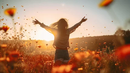 Foto op Plexiglas Eine junge Frau läuft durch eine herbstliche Blumenwiese - pure Freude und ökologische Naturschönheit erleben - AI-generiert © Infini Craft