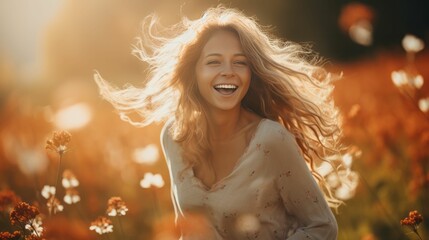 Eine junge Frau läuft durch eine herbstliche Blumenwiese - pure Freude und ökologische Naturschönheit erleben - AI-generiert - obrazy, fototapety, plakaty
