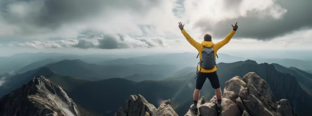 Foto op Canvas Ein Mann, überglücklich nach dem Besteigen eines Berges - Ausdruck von Lebensfreude, Durchhaltewillen und Erfolg im Bergsteigen - AI-generiert © Infini Craft