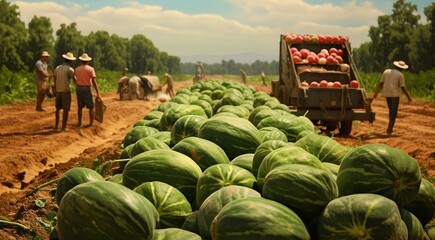 watermelons in the garden, harvest for watermelons, close-up of hands picking up of watermelons - obrazy, fototapety, plakaty