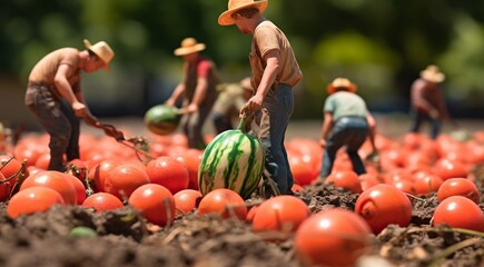 watermelons in the garden, harvest for watermelons, close-up of hands picking up of watermelons - obrazy, fototapety, plakaty