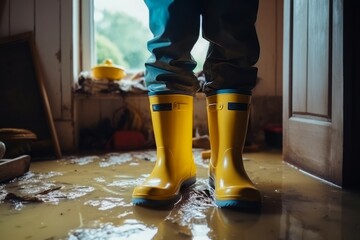 Boots flooded house closeup. Home rain flood. Generate Ai - obrazy, fototapety, plakaty