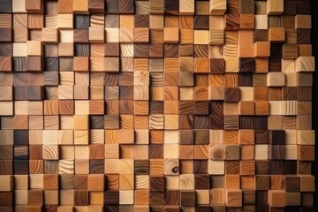 A wooden block wall against a black background