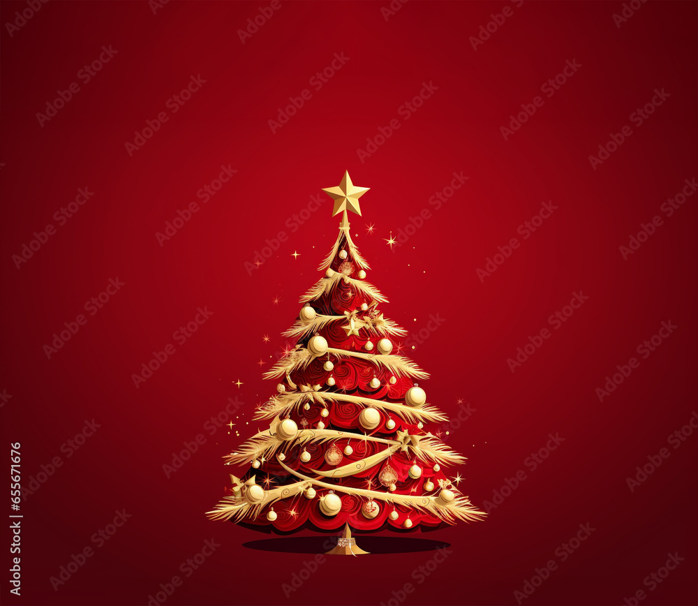 Wall mural illustration of christmas tree on red background created with generative ai