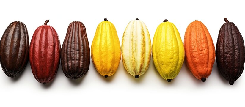 Various cocoa pods separated on white background Clipping path with copyspace for text
