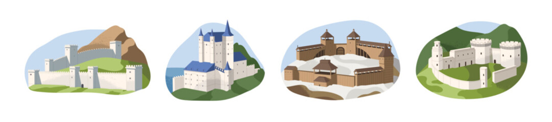 Medieval fortress set. Ancient castles on mountain, historical chateau, royal fort, kingdom building with towers, bastion. Old city architecture. Flat isolated vector illustration on white background
