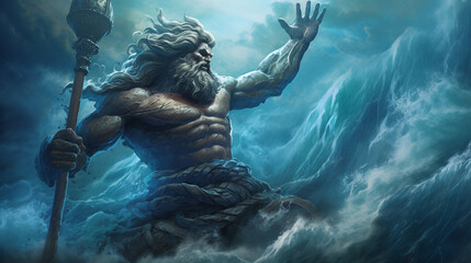 god Poseidon raises waves with a wave of his hand in rage. ai generative - obrazy, fototapety, plakaty