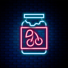 Glowing neon line Jam jar icon isolated on brick wall background. Colorful outline concept. Vector