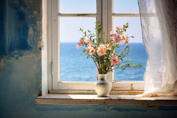 illustration of window with flowers. View on sea water. Created with Generative AI