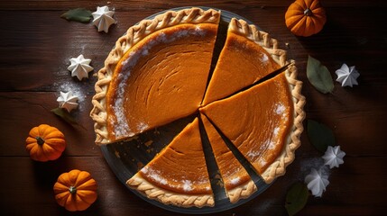 Generative AI, Homemade american traditional pumpkin pie, top view