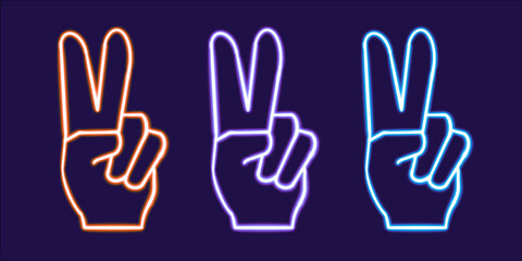 set Peace Sign Hand glowing desktop icon, neon sticker, neon Peace Sign Hand figure, glowing figure, neon geometrical figures 