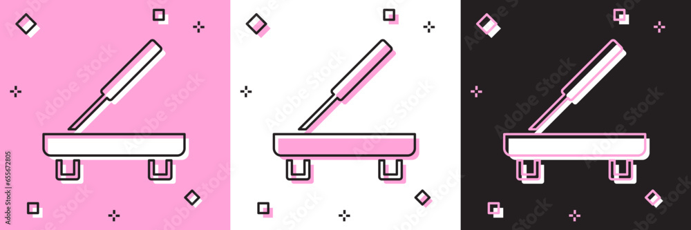 Sticker set scented spa stick on a wooden stand icon isolated on pink and white, black background. incense s