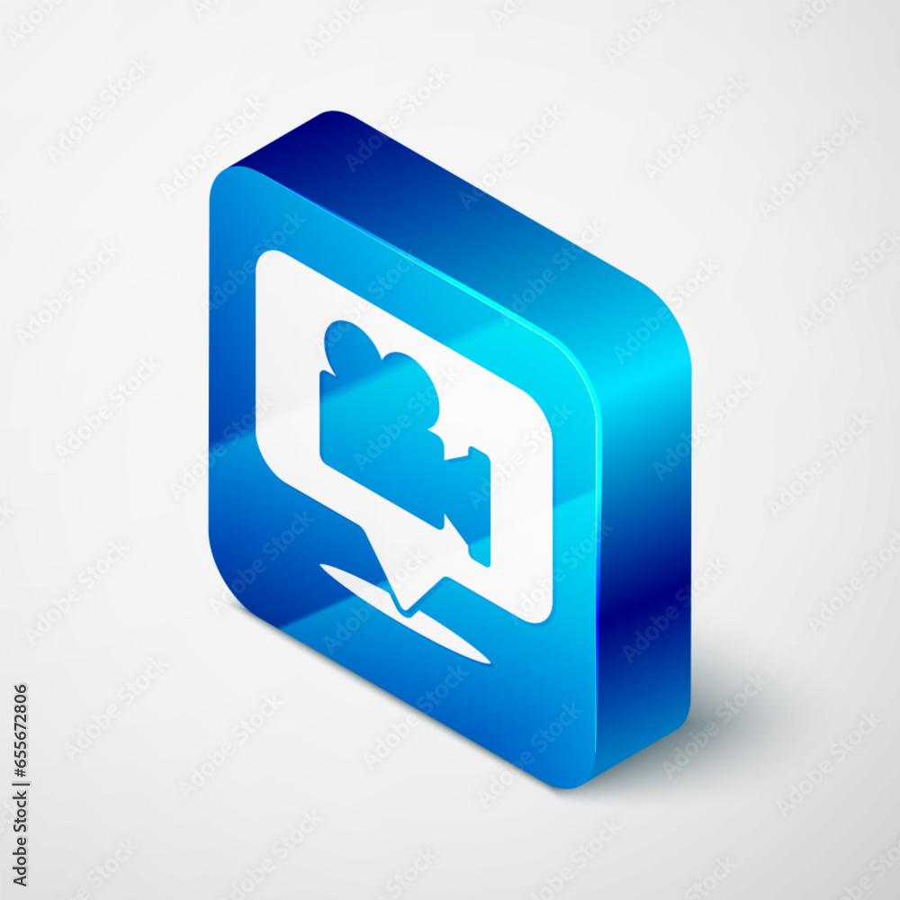 Aufkleber isometric camera and location pin icon isolated on grey background. blue square button. vector