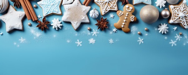 tasty decorated christmas cookies on blue background