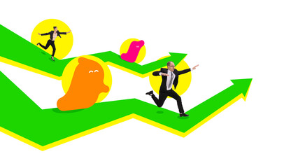 Poster. Contemporary art collage. Motivated business people dressed officially and bright splashes-colleagues jumping on graph arrows
