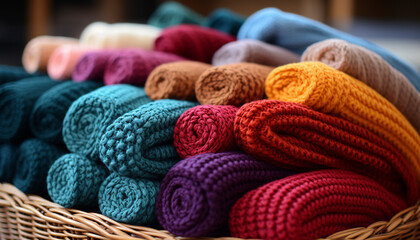 Fototapeta na wymiar Set of brightly coloured knitted plaids in a wicker basket.