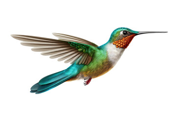 Flying Stunning Colorful Hummingbird Isolated on White Transparent Background.
