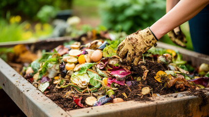Person composting food waste in backyard compost bin garden. ai generative
