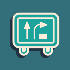 Green Road traffic sign. Signpost icon isolated on green background. Pointer symbol. Isolated street information sign. Direction sign. Long shadow style. Vector