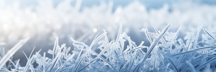 extreme close-up shot, Beautiful background image of hoarfrost in nature, frozen snowy grass - winter background, generative ai