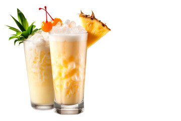 Set of Pina Colada cocktails with pineapple, coconut and creamy white top - obrazy, fototapety, plakaty