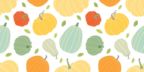Pumpkin harvesting seamless pattern. Colorful harvest illustration. Used for paper, cover, gift wrap, fabric. Vector illustration. Autumn seamless patterns.