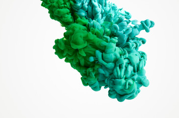 Abstract background of green and blue paint in water isolated