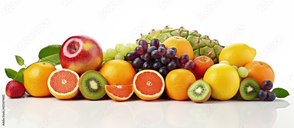 Wall mural Variety of juicy fruits with natural nutrition against a fresh fruit background