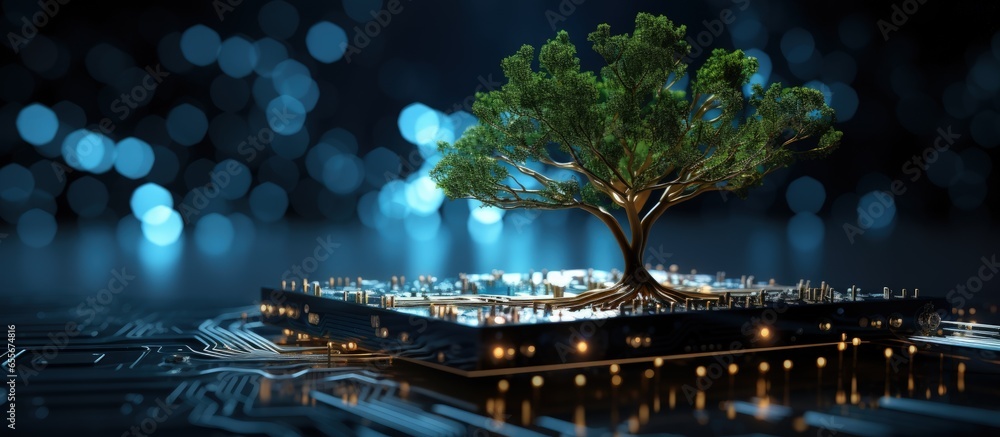 Poster tree growing on computer circuit board with blue light background green computing technology csr and