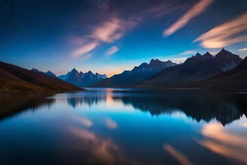 sunrise over lake,Tranquil Mountain Lake at Dusk with Dramatic Cloudscapes,Pristine Lake Reflecting Snow-Capped Peaks, Rugged Peaks Encircling a Calm Lake,