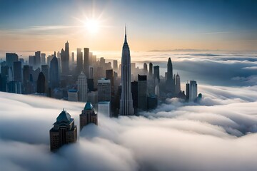 city in winter,Surreal Skyline: Where Imagination Meets Reality,Cloud Nine: A City Suspended in the Sky,Reaching for the Heavens: A City's Ambitious Ascent - obrazy, fototapety, plakaty
