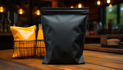 Black matte doypak metallized at the ordering counter. Empty space for your text, design or logo. Stand-up pouch
