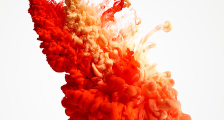 Spill red paint pigment in water on white background