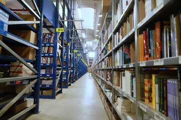 shelving inside a logistics warehouse for book storage - obrazy, fototapety, plakaty