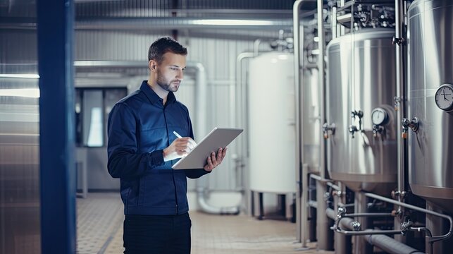 Editorial photo of a modern factory worker in an eletronics factory, using a tablet to input some data.