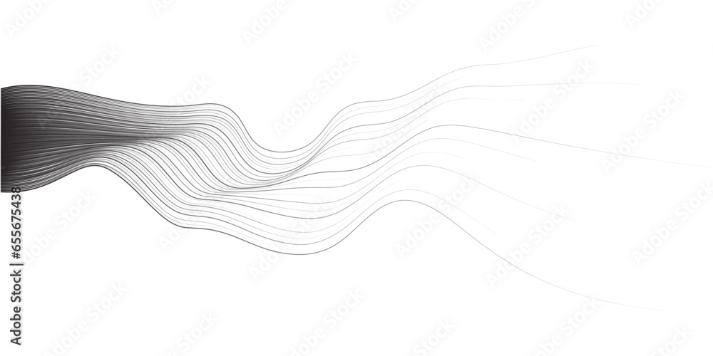 Poster Abstract vector wavy lines flowing smooth curve black grey gradient isolated on transparent background in concept of technology, science, music, modern.