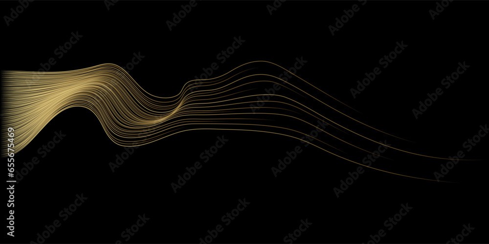 Aufkleber abstract vector wavy lines flowing smooth curve gold gradient color on black background in concept o