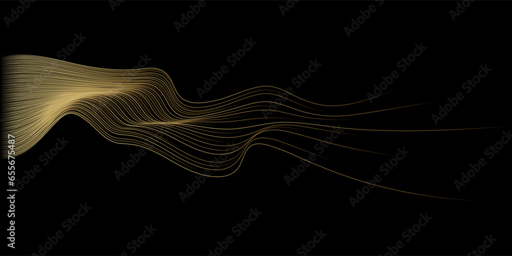 Aufkleber abstract vector wavy lines flowing smooth curve gold gradient color on black background in concept o