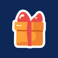 Sticker flat simple Christmas yellow gift box on blue background