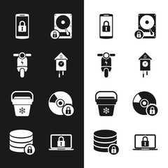 Set Retro wall watch, Electric scooter, Smartphone with lock, Hard disk drive and, Cooler bag and CD or DVD icon. Vector