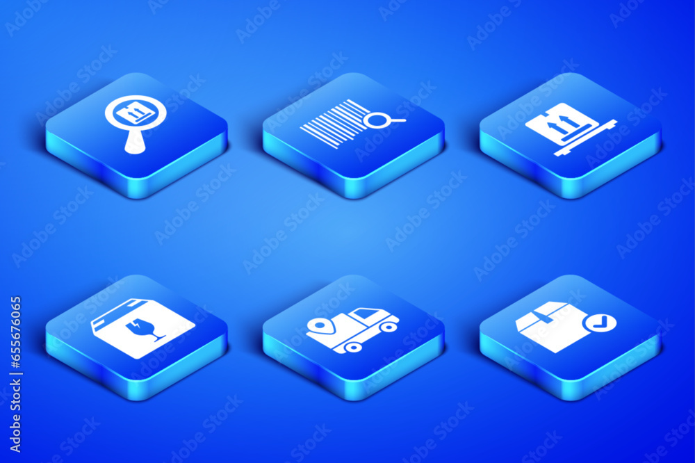 Poster set package box with check mark, search package, delivery tracking, fragile content, barcode and car