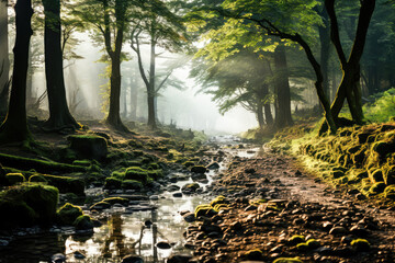 Morning fog envelops an ancient, moss-covered forest with a small stream.
