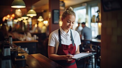 Fototapeta premium Happy restaurant owners, using new technology for better efficiency and time saving, waitress serving wine in the background, restaurant style modern