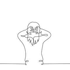 woman stands with her back and holds her head with both hands - one line art vector. concept going crazy, severe migraine, head massage